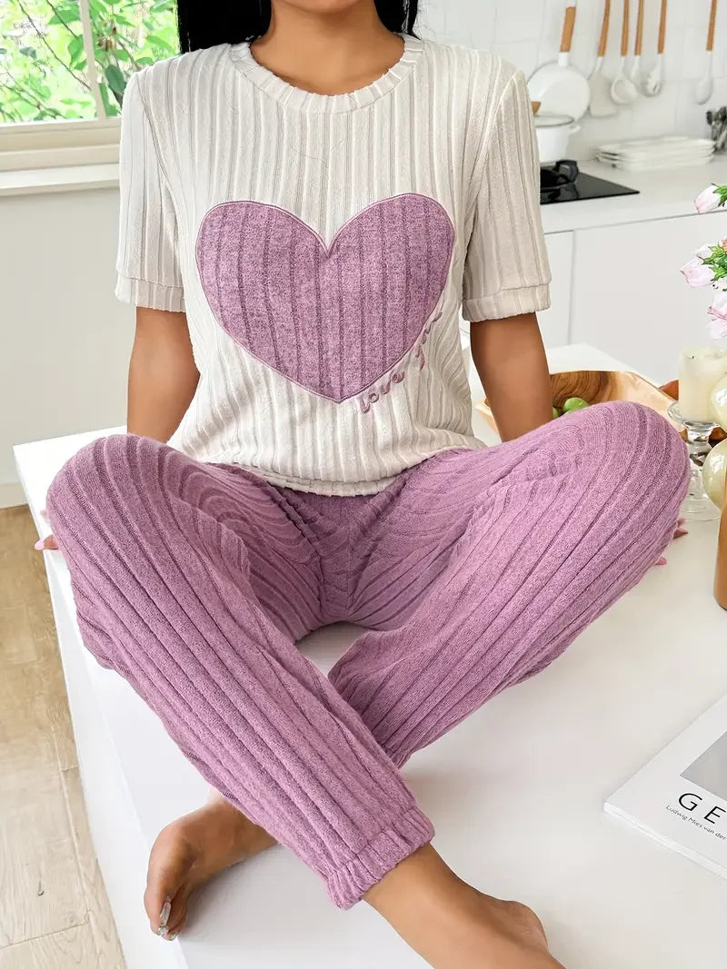 Heart Print Round Neck Short Sleeve Pyjama set