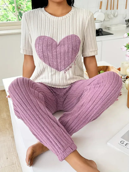Heart Print Round Neck Short Sleeve Pyjama set