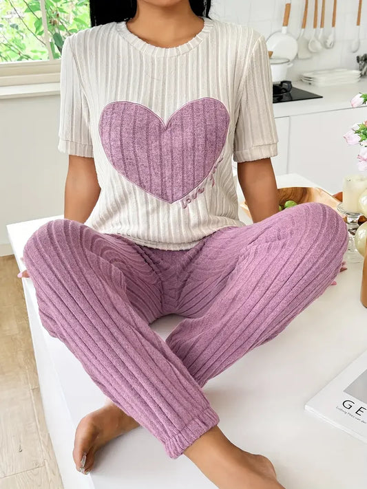 Heart Print Round Neck Short Sleeve Pyjama set