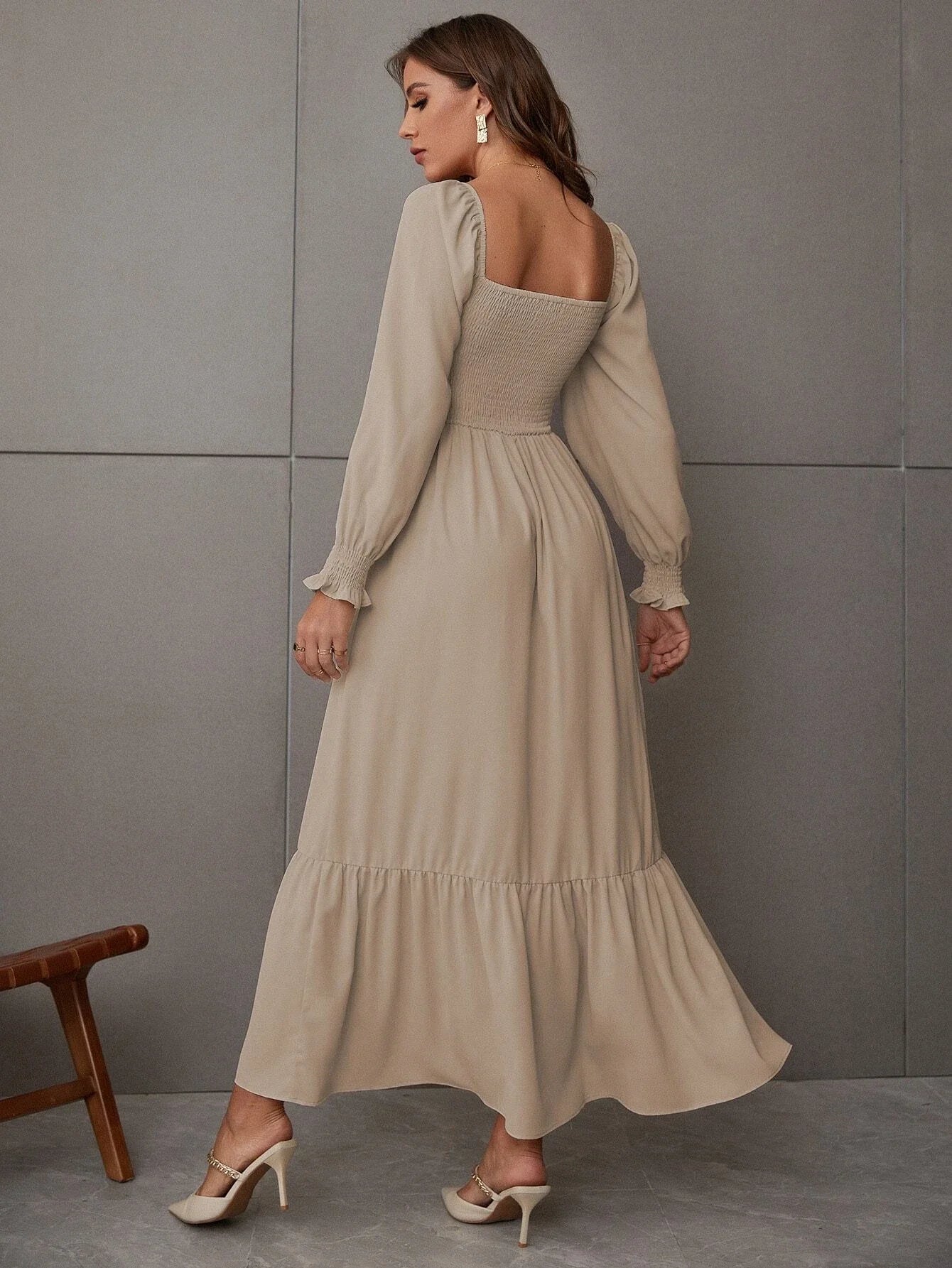 Ruched Ruffle Hem Elegant Shirred Backless Long Dress