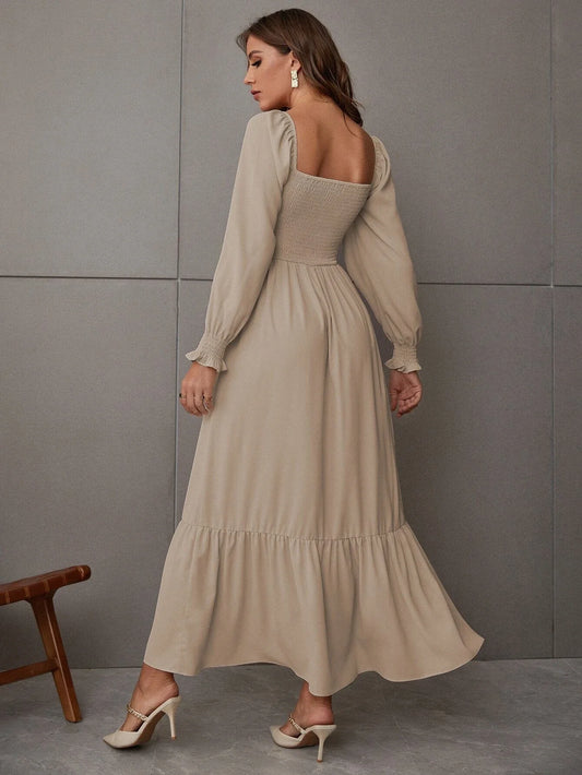 Ruched Ruffle Hem Elegant Shirred Backless Long Dress