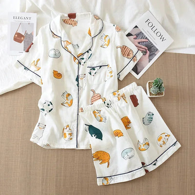 Japanese 100% Cotton Gauze Thin Short-sleeved Shorts Cute Cat Cartoon Pajama Set