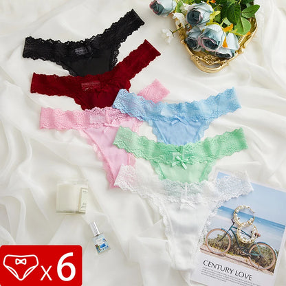 6pcs/Set Perspective Floral Panties Lace Thongs Low Waist G-string