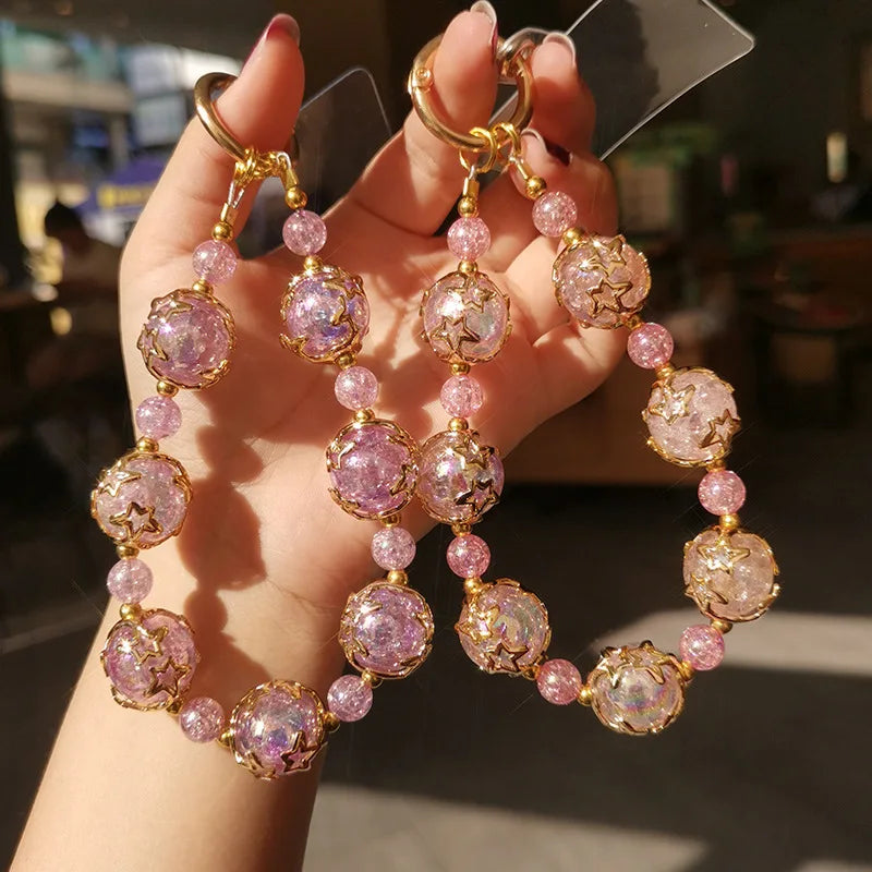 Short Phone Lanyard Wrist Dreamy Starry Sky Crystal Bead