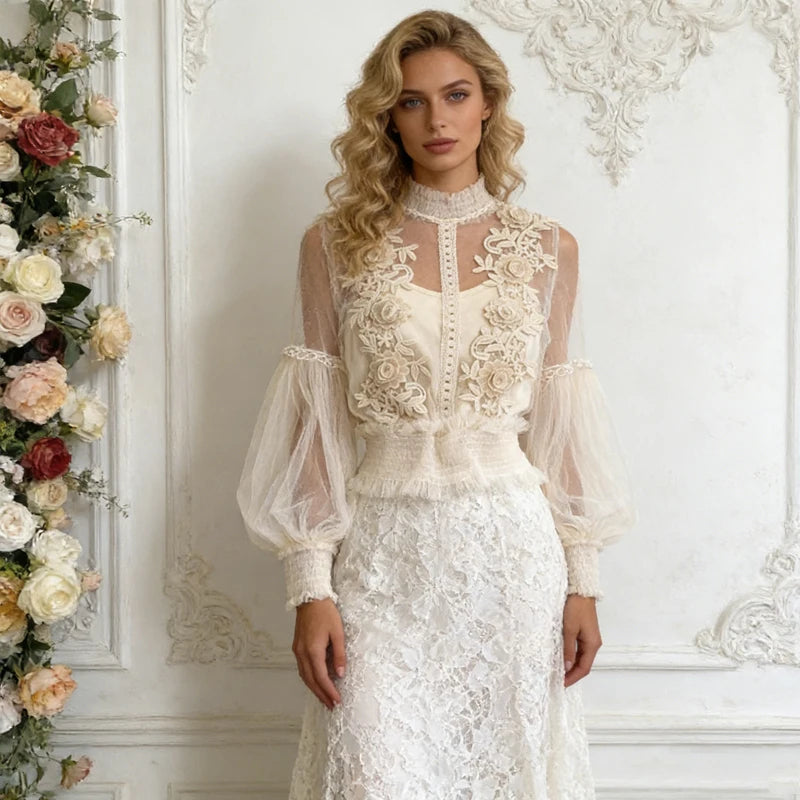 Vintage Lace Sweet Flower Perspective Mesh Lantern Sleeve Shirts