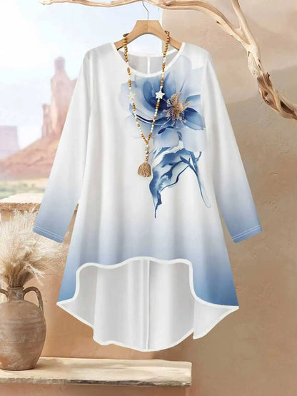 Loose Fitting Round-Neck Long-Sleeve Floral Print Wide-Leg Pants Set