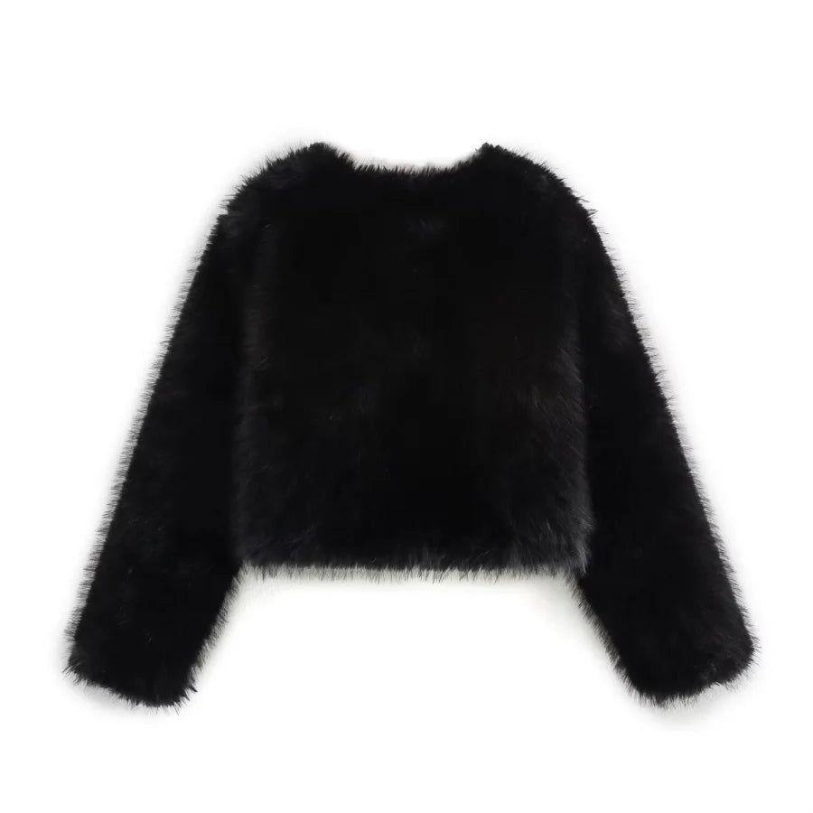 Faux fur Fall/Winter Effect Round Neck Long Sleeve Short Jacket