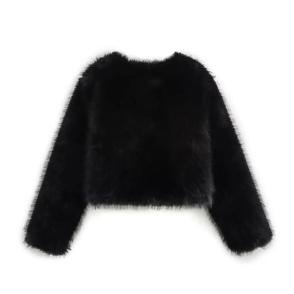 Faux fur Fall/Winter Effect Round Neck Long Sleeve Short Jacket