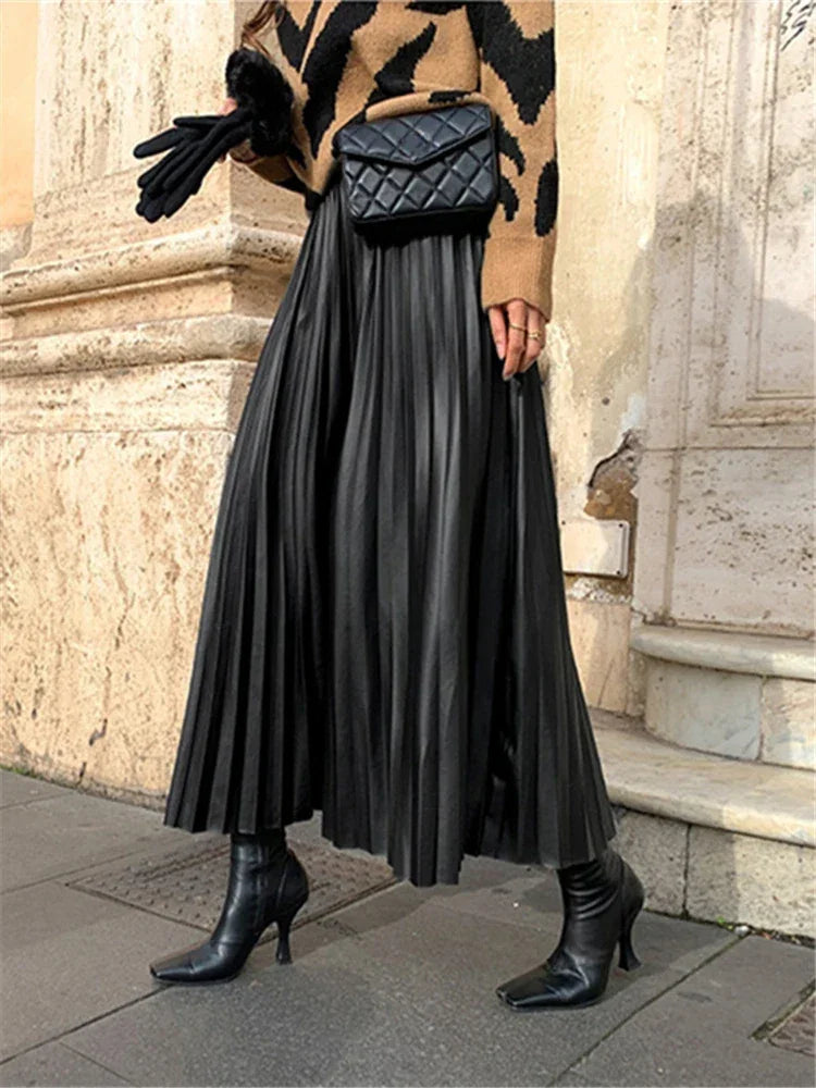 Leather Pleated High Waist long Skirt