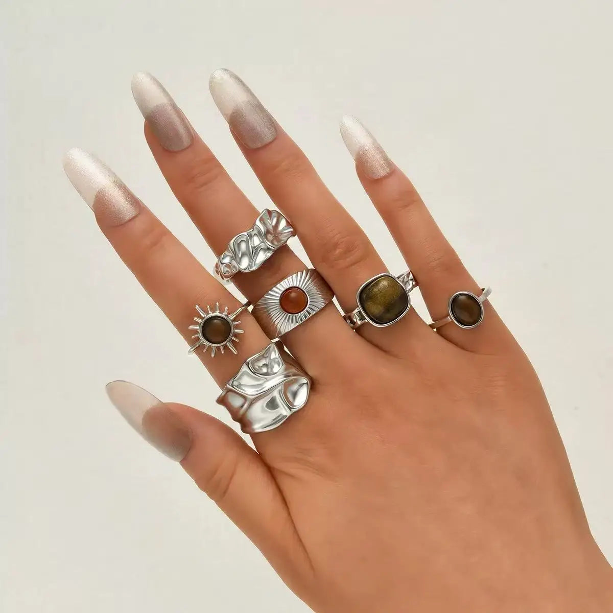6pcs Sunflower Tiger Eye Stone Ring Set