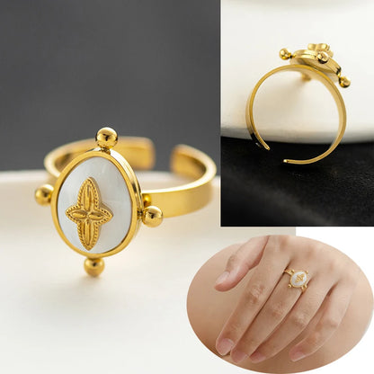 Creative Gold Plated Stainless Steel Simple Geometric Round Natural Stone Ring