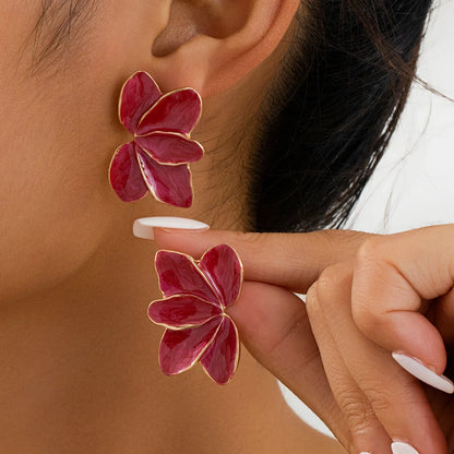 Metal Flower Red Enamel Petal Drop Earrings