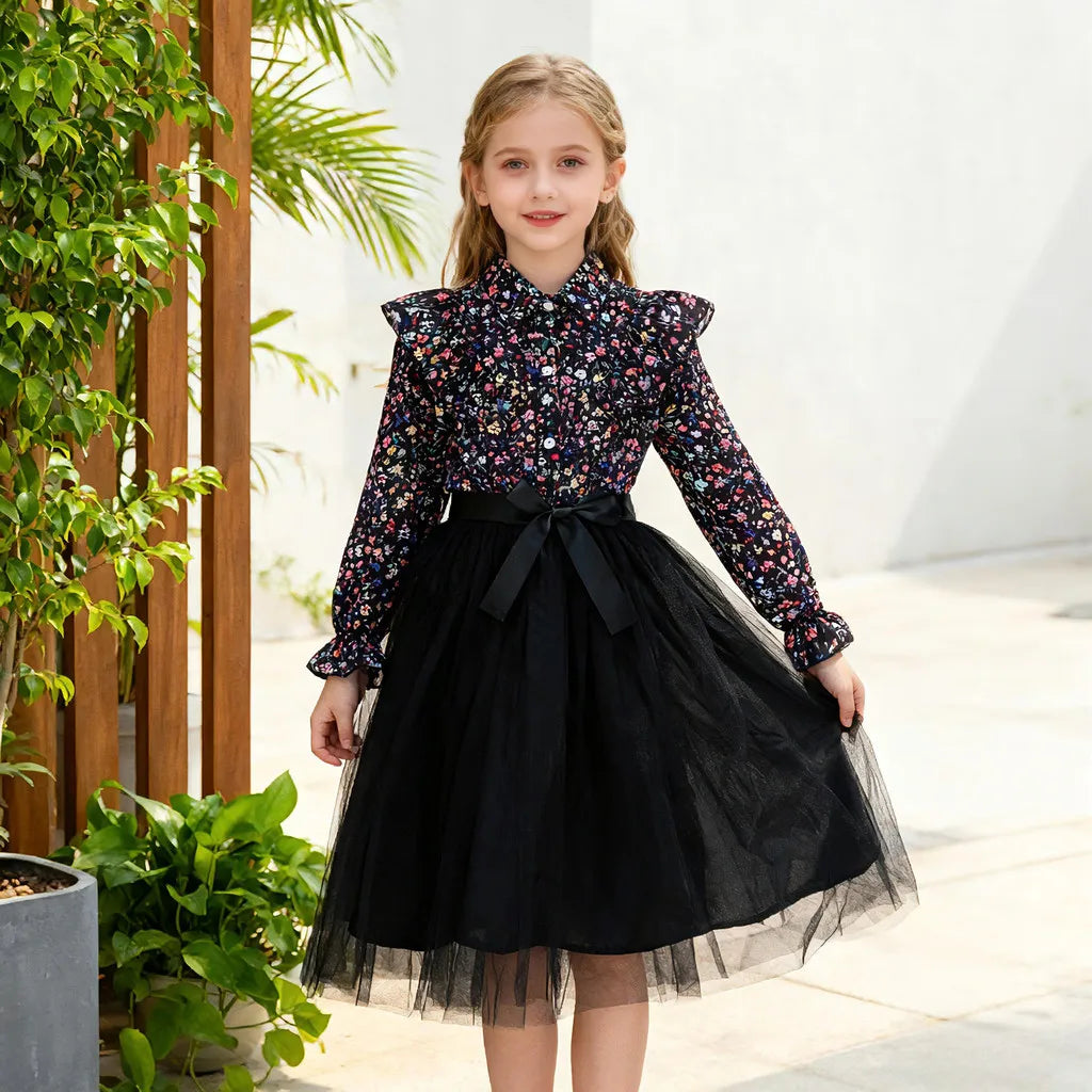 Black Long Sleeve Floral Gauze Belt Casual Elegant Teen Princess Dress