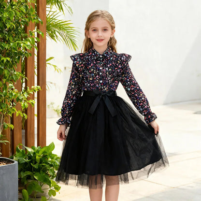 Black Long Sleeve Floral Gauze Belt Casual Elegant Teen Princess Dress