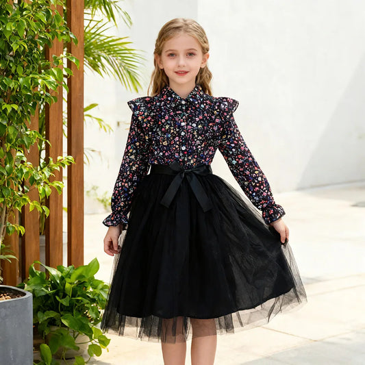 Black Long Sleeve Floral Gauze Belt Casual Elegant Teen Princess Dress