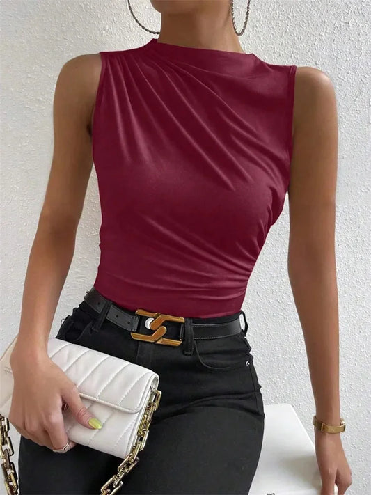 Mock Slim Fit Pleated Sleeveless T Shirt