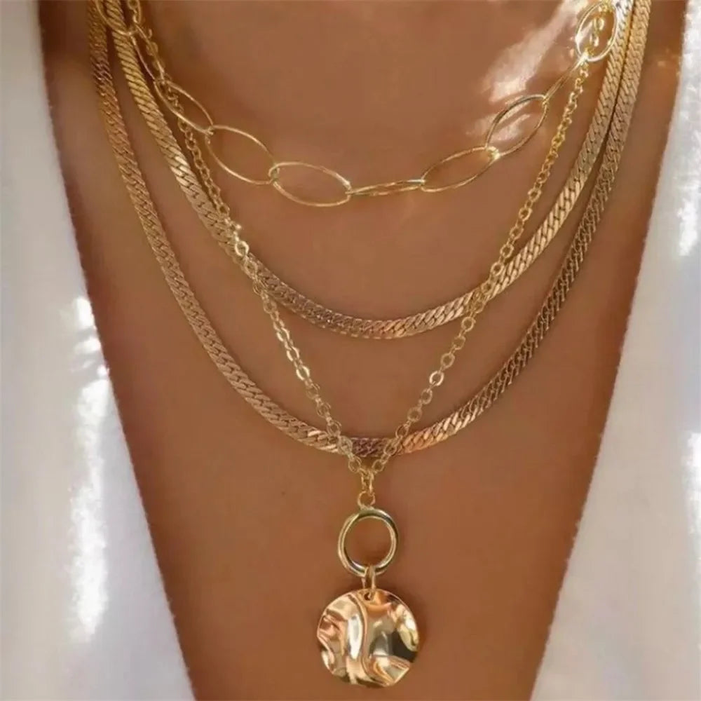 Vintage Punk Gold-plate Thick Chain Head Portrait Coin Pendant Necklace