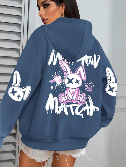 Mix And Match Cartoon Rabbit Prints Hoodie Pocket Streetwear