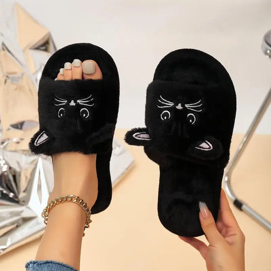 Fluffy Flat Cat Cartoon Luxury Slippers