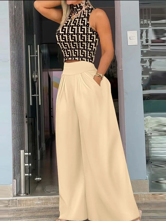Casual Sleeveless Tank Top Wide Leg Pants Set