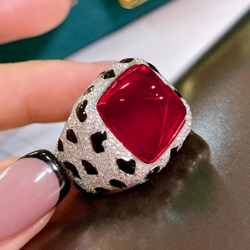 Luxury Leopard Texture Large 17 Carat Sugar Tower Multicolor Crystal Ruby Rings