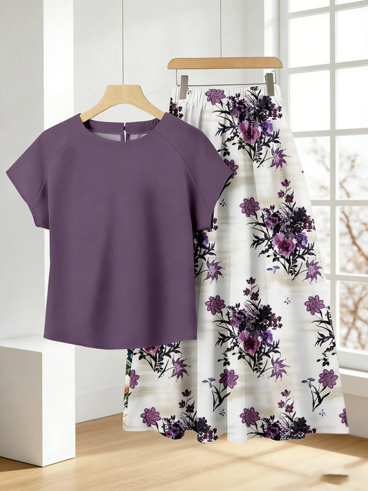 Plus Size Ink Purple Printed Short-Sleeved T-Shirt Set