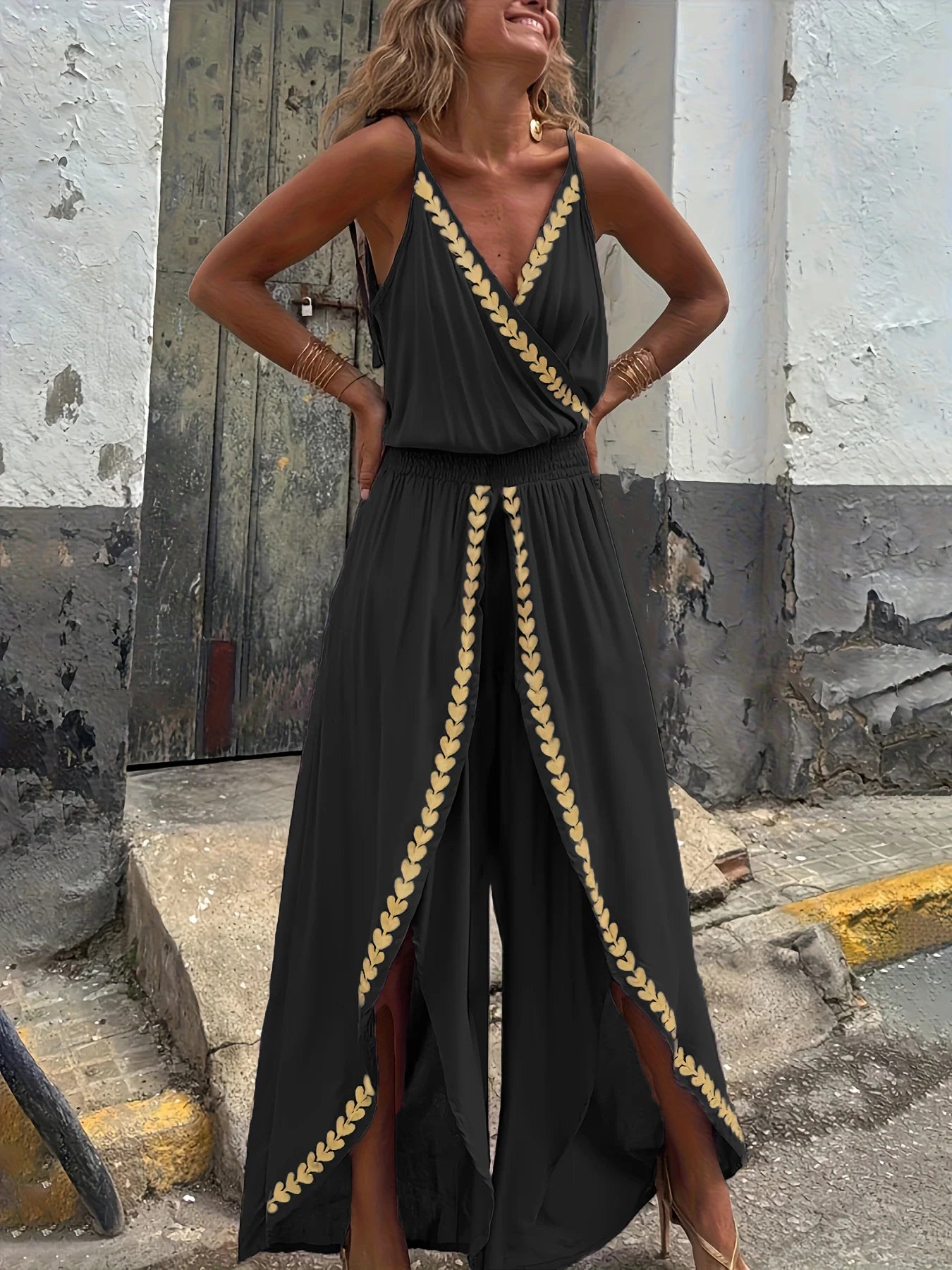 Casual Purple Gold Embellished Jumpsuit