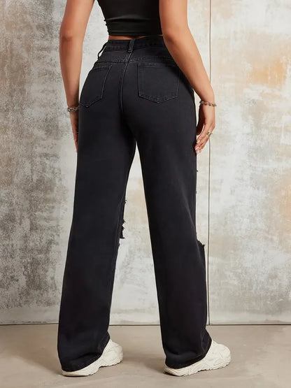 Street INS Same Style Print Ripped Straight Jeans