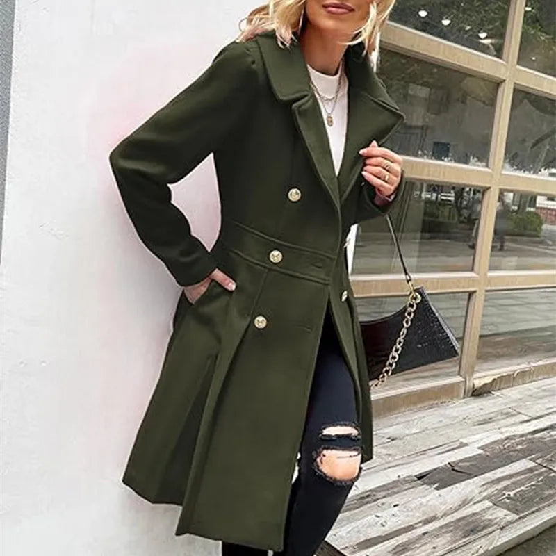 Winter Woolen Trench Coat Skirt Double Breasted Flip Lapel Jacket