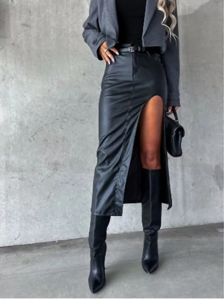Mid Pu Leather slit sexy Hip Hugging Punk Style Autumn Skirt