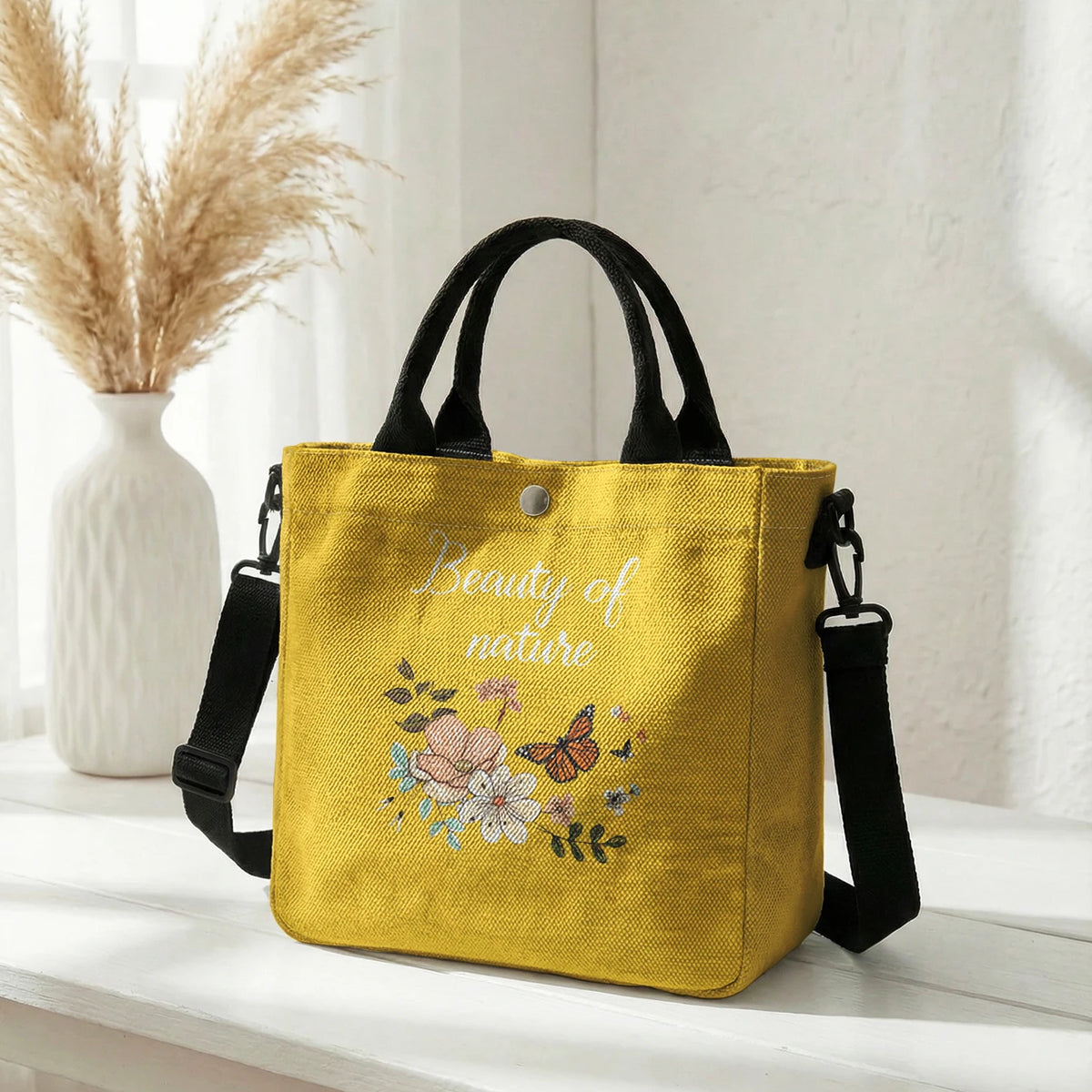 Floral Butterfly Letter Print Brown Canvas Tote Bag