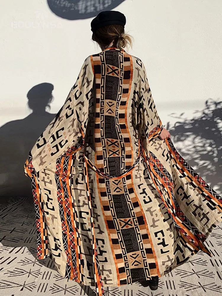 Retro Printed Long Sleeve Self Belted Plus Size Bohemian Blouses