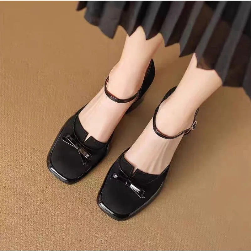 High-end strap high-heeled bow-shaped square-toe chunky heel sandals