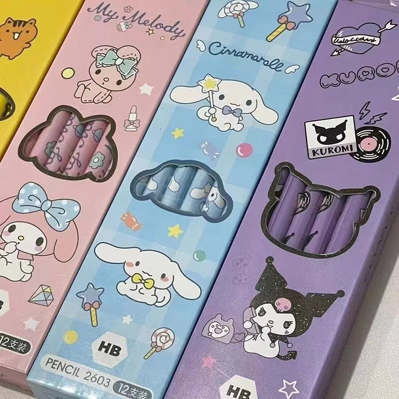 12Pcs/Box Sanrio Pencil Melody Kuromi Cinnamoroll HB Black Write Draw Pencils