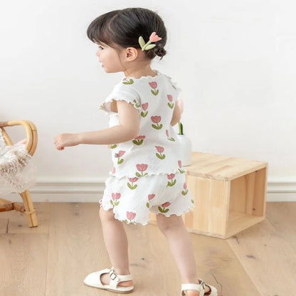 Baby Girl 3-7 Years Old Flower Pajama Set