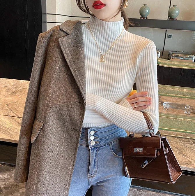 Knitted Long Sleeve Mock Neck White Knit Tops Sweaters