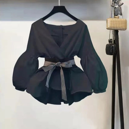 Lantern Sleeve Bow Slim Chiffon Shirt Set