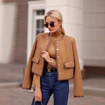 Elegant Camel Tweed Cropped Jacket  Vintage Gold Button O-Neck Short Coat