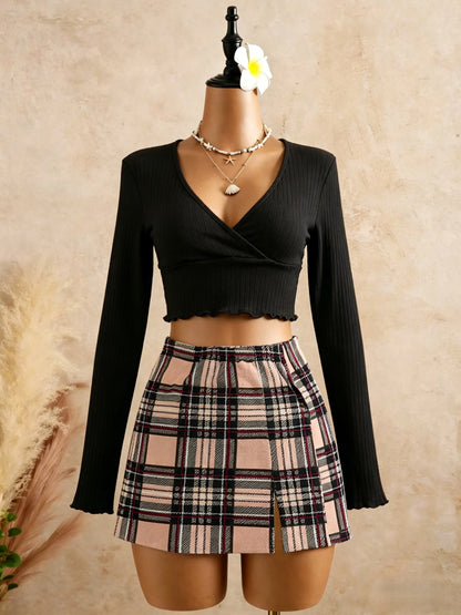 Black Wrap V Neck Ruffle Hem Ribbed Long Sleeve Outfit Slim Set