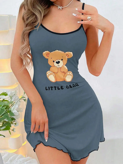 Little Bear Print Spaghetti Strap Sleep Dress