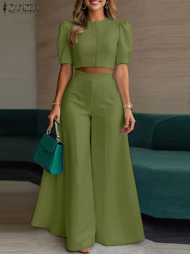 Conjunto de pantalón y pantalón de pierna ancha con manga corta abullonada