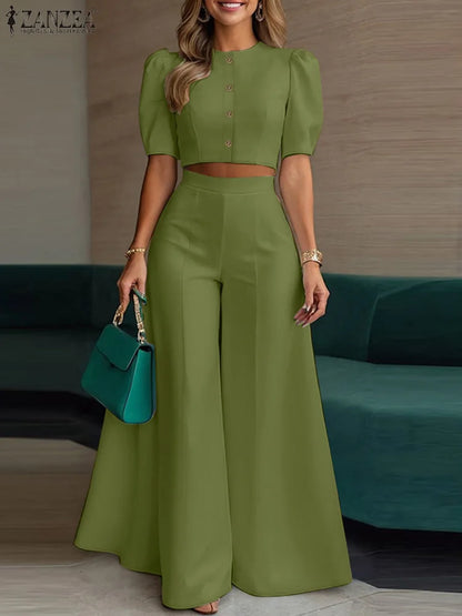 Conjunto de pantalón y pantalón de pierna ancha con manga corta abullonada