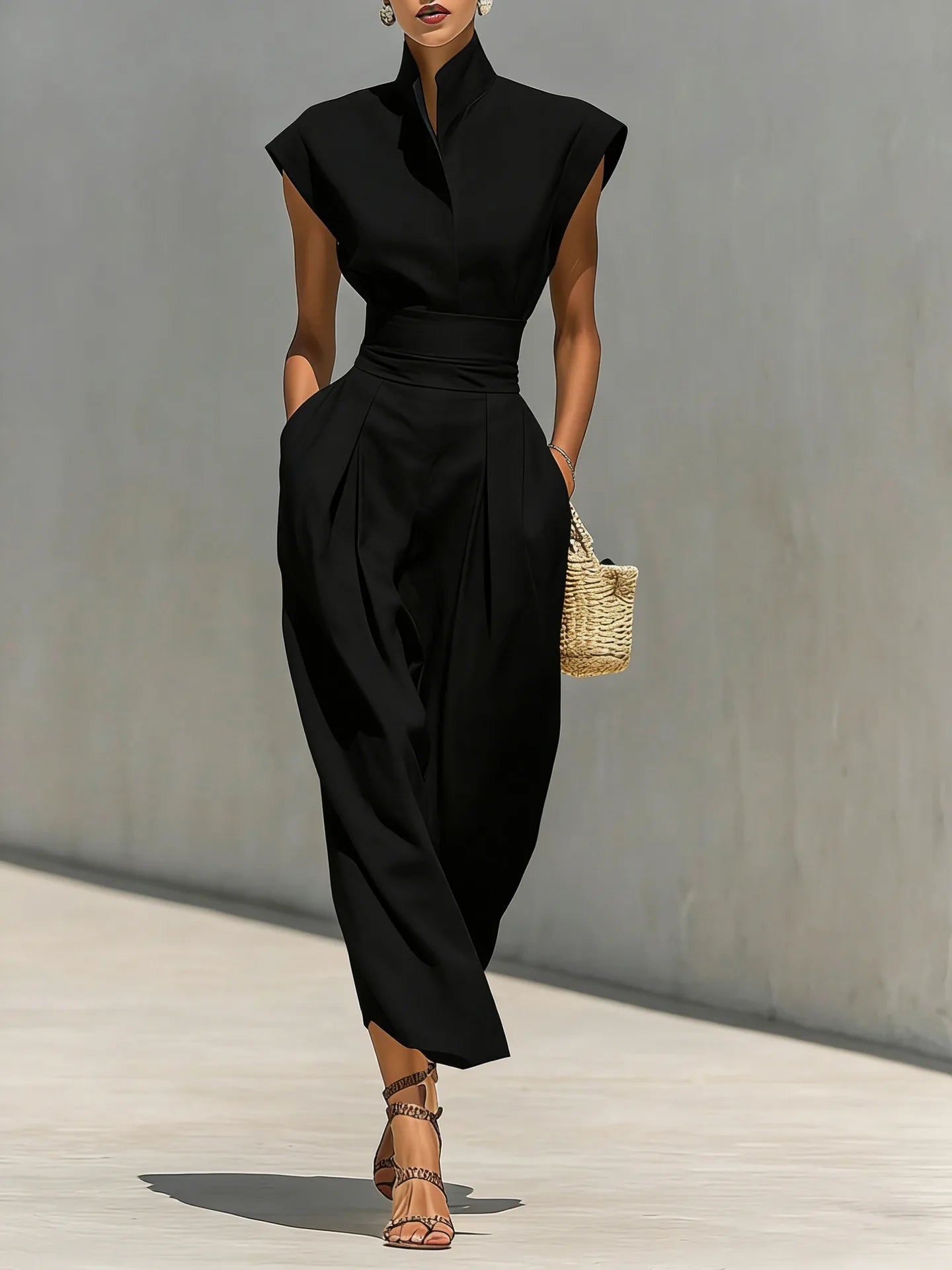 High-Waist Long Skirt with High-Neck Loose Dress