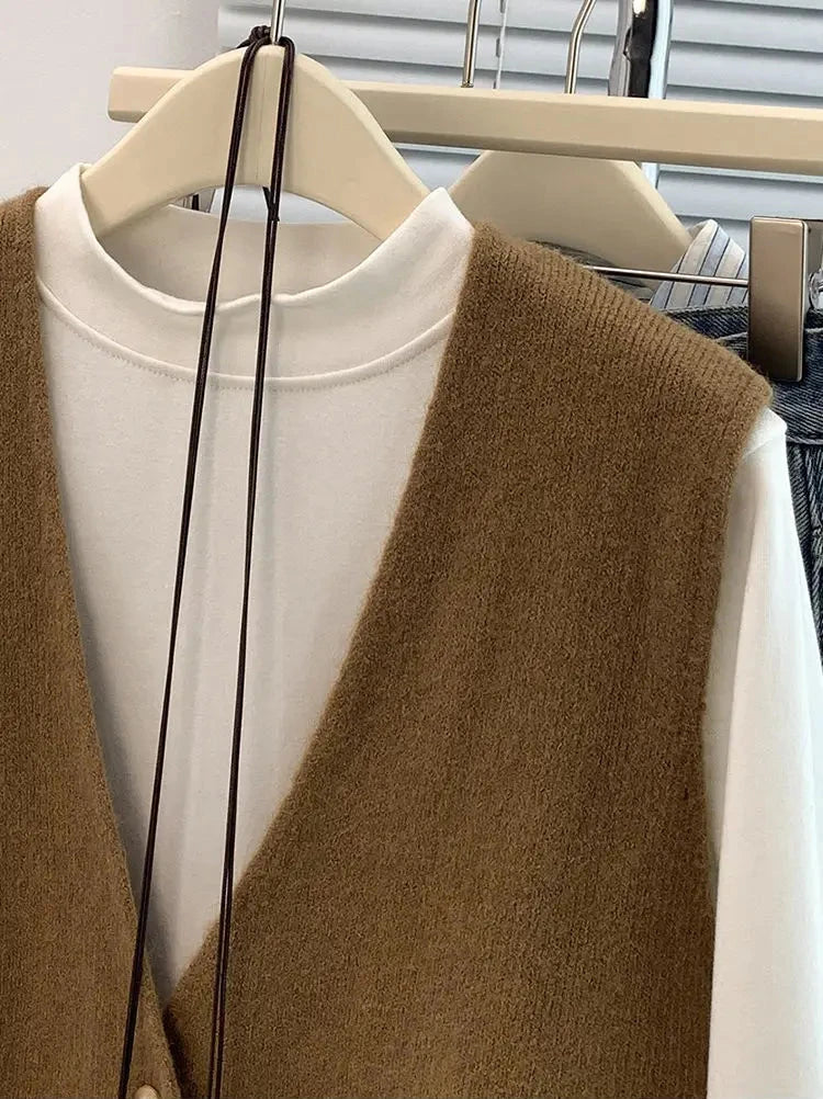 Soft Knitted Casual Button deep V-Neck Sleeveless Loose Knitwear Coats