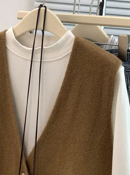 Soft Knitted Casual Button deep V-Neck Sleeveless Loose Knitwear Coats