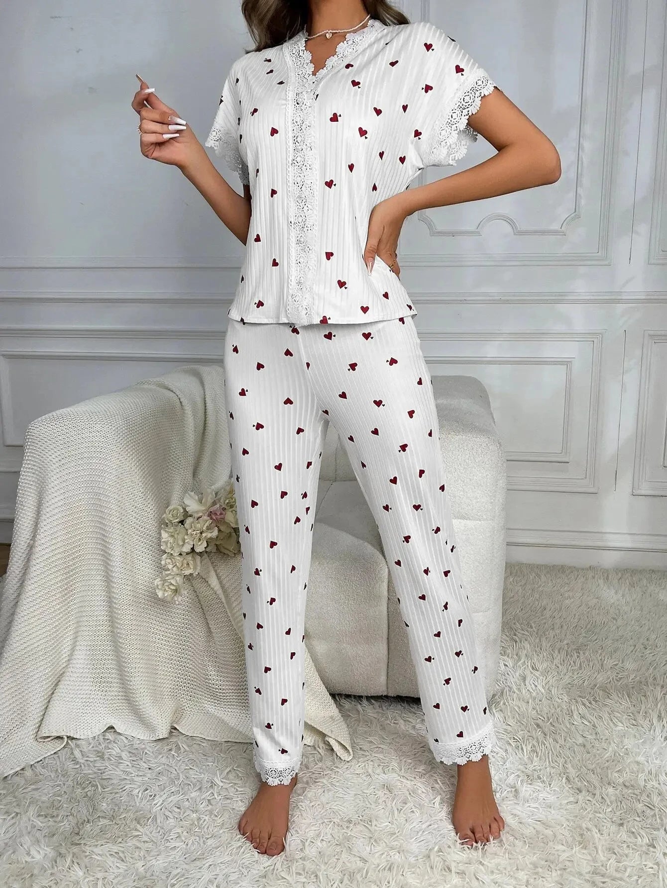 Lace Short Sleeve Cherry Sleepwear Pajama Set