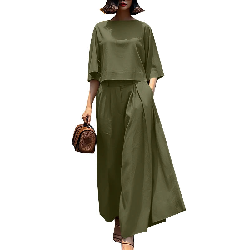 3/4 Sleeve Blouse Trousers Suits Wide Leg Pants Sets