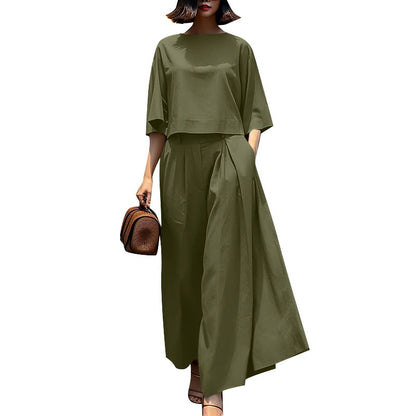 3/4 Sleeve Blouse Trousers Suits Wide Leg Pants Sets