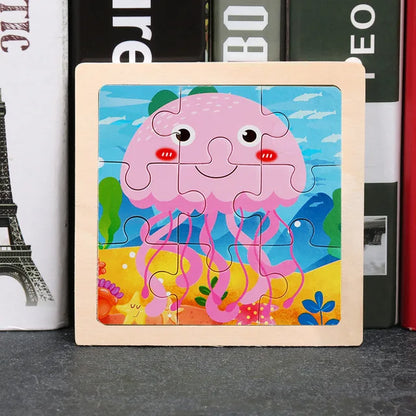 11X11CM Kids Wooden Puzzle Cartoon Animal Traffic Toys