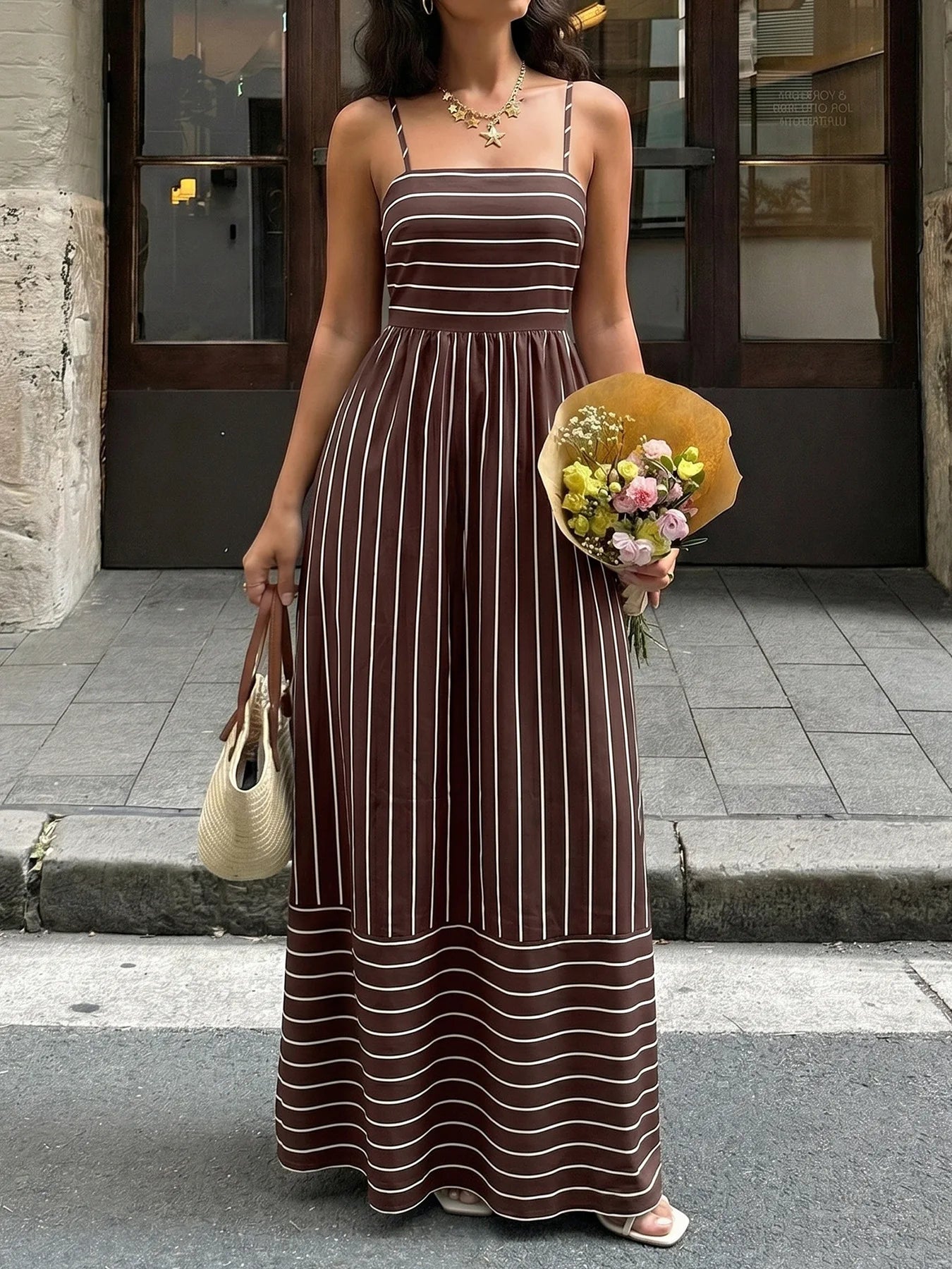 Striped Backless Loose Beach Causal Slip Strapless Long Dress